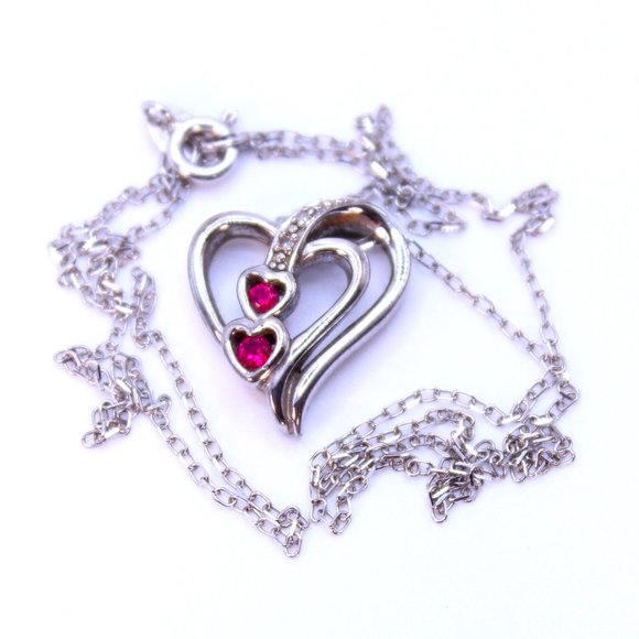 Felicia Design 925 Sterling Silver Heart Pendant Necklace Synthetic Rubies CZ - Picture 2 of 11